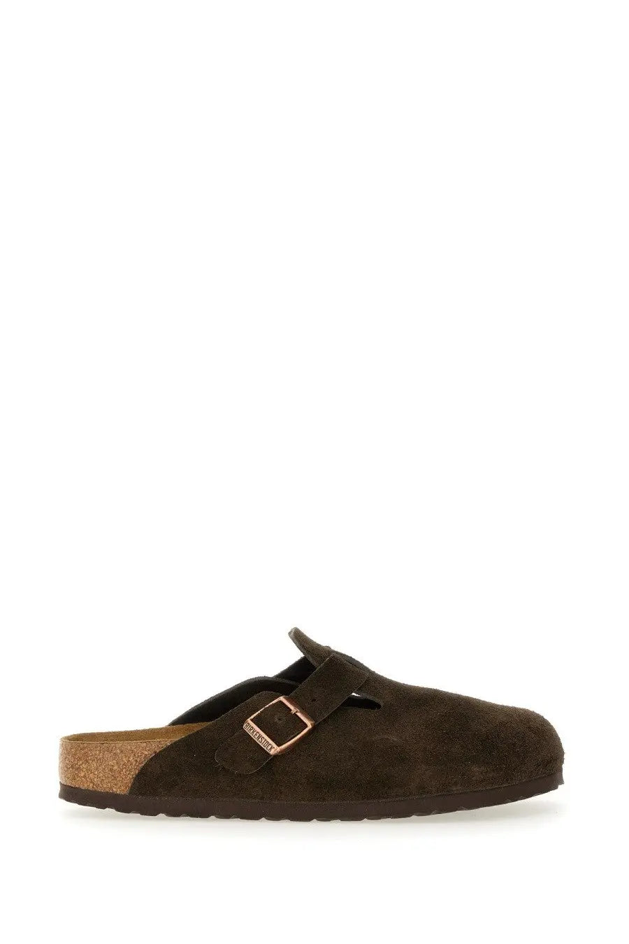 Birkenstock unisex sabot boston brown dark brown suede clog with rose gold buckle front side view