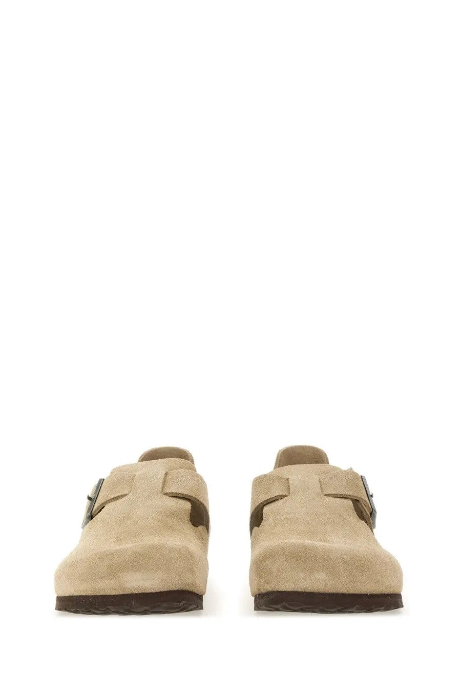 Beige suede clog sandals birkenstock unisex sabot london with dark brown rubber sole and silver buckle