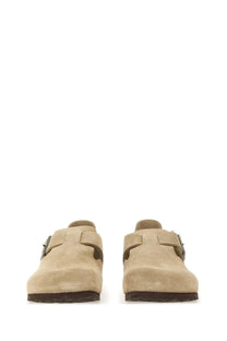 Beige suede clog sandals birkenstock unisex sabot london with dark brown rubber sole and silver buckle