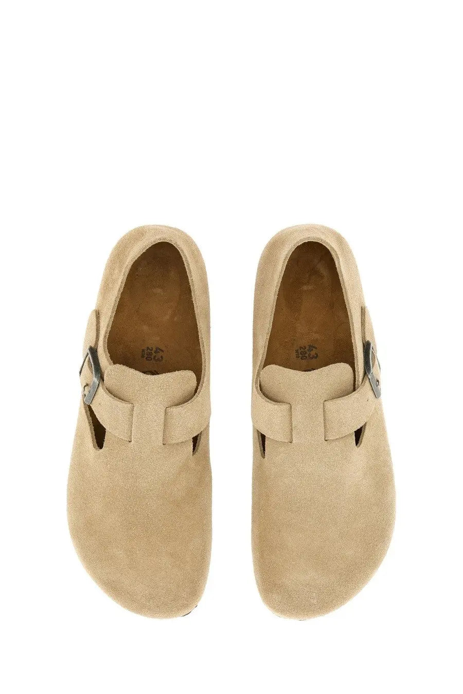 Beige suede birkenstock unisex sabot london mules with t-strap and silver buckle