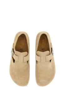 Beige suede birkenstock unisex sabot london mules with t-strap and silver buckle