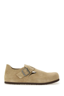 Birkenstock unisex sabot London beige suede moccasin shoe with silver buckle and dark brown rubber sole