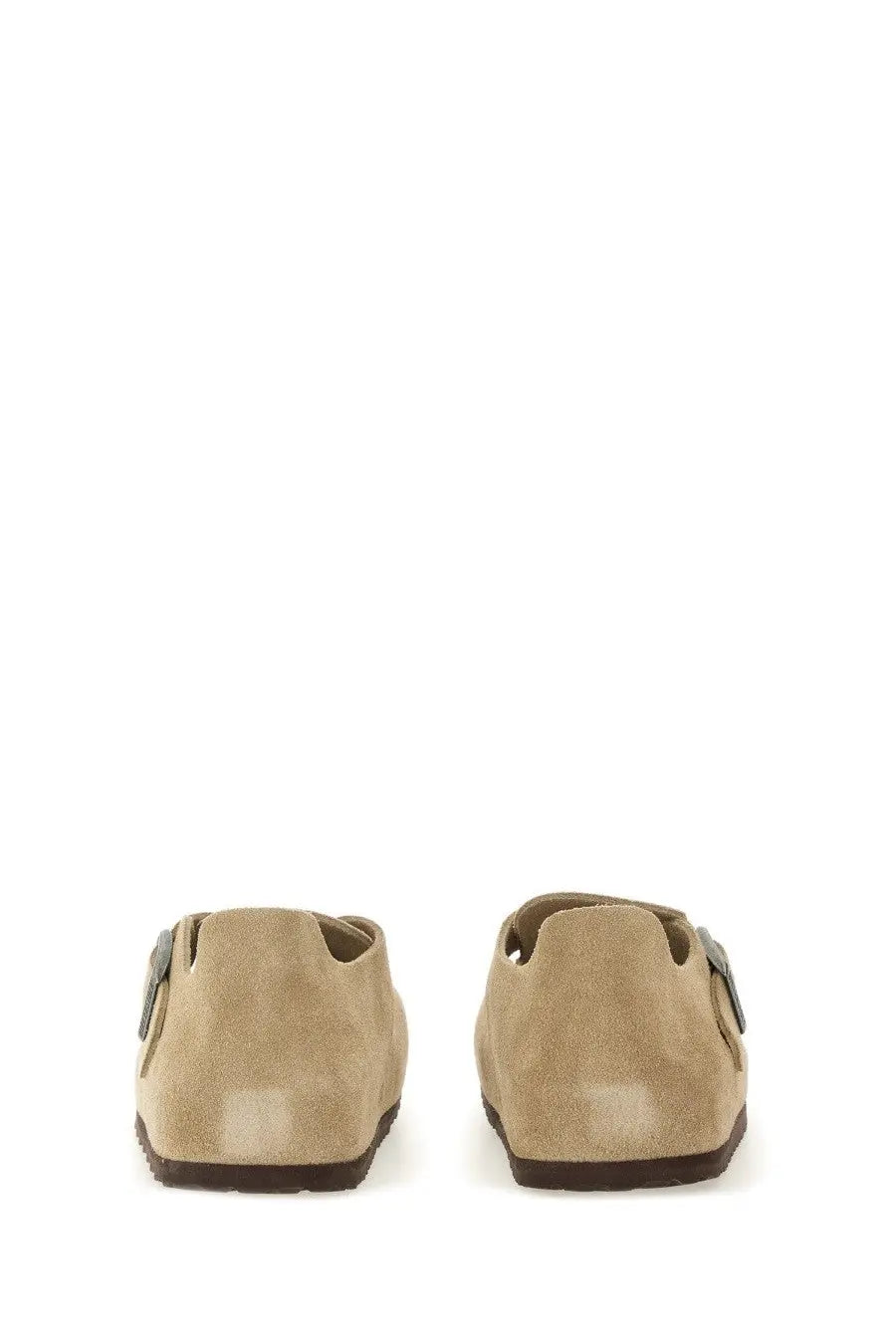 Beige suede birkenstock unisex sabot london moccasin-style shoes with dark brown rubber sole and metallic buckle