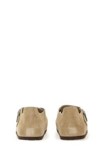 Beige suede birkenstock unisex sabot london moccasin-style shoes with dark brown rubber sole and metallic buckle