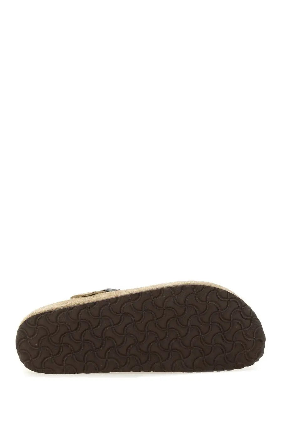 Birkenstock unisex sabot London beige tan leather clog with a dark brown patterned rubber sole front view