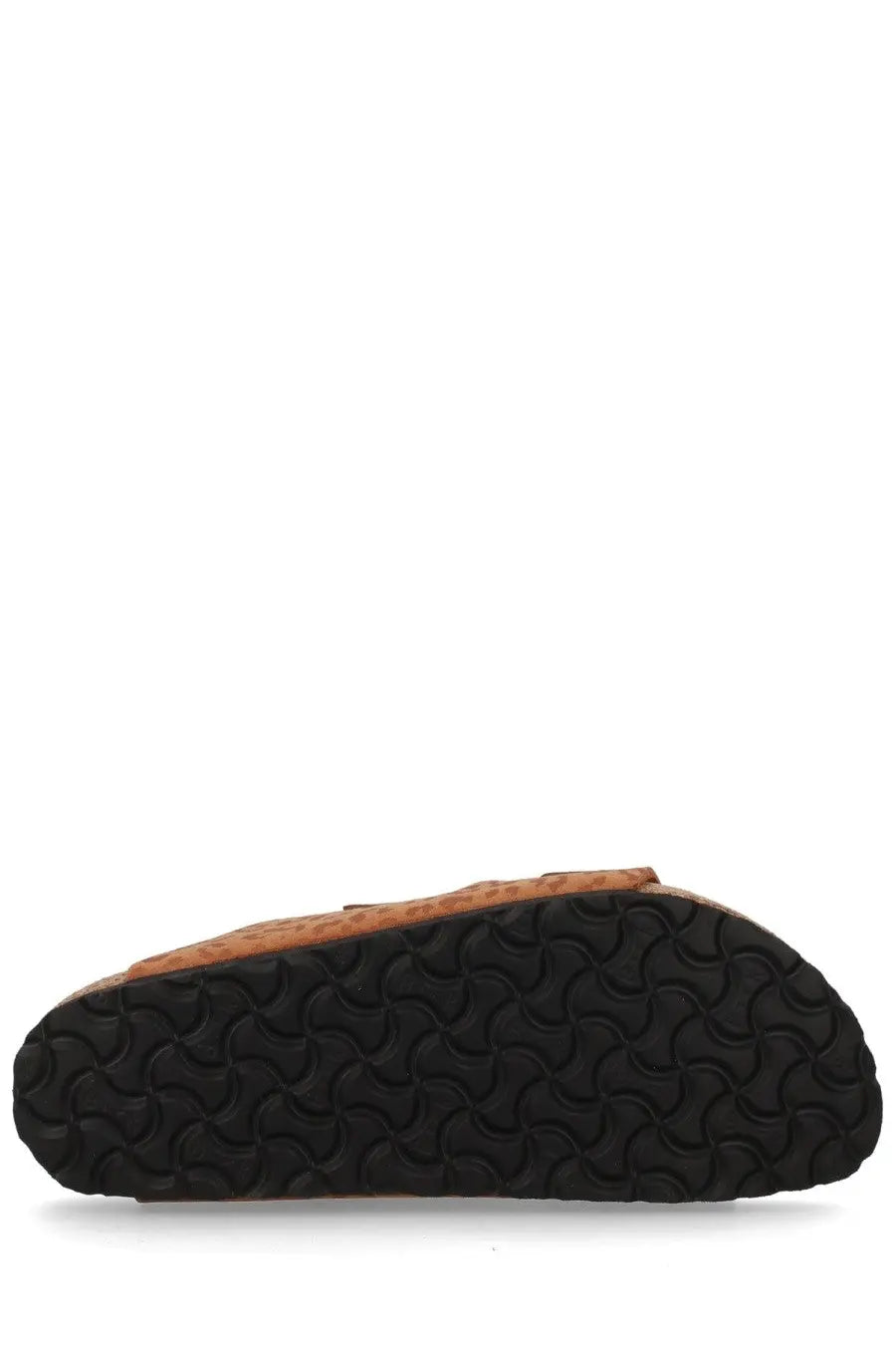 Birkenstock unisex sandal arizona brown in tan cork with a black rubber sole and distinctive wavy tread pattern