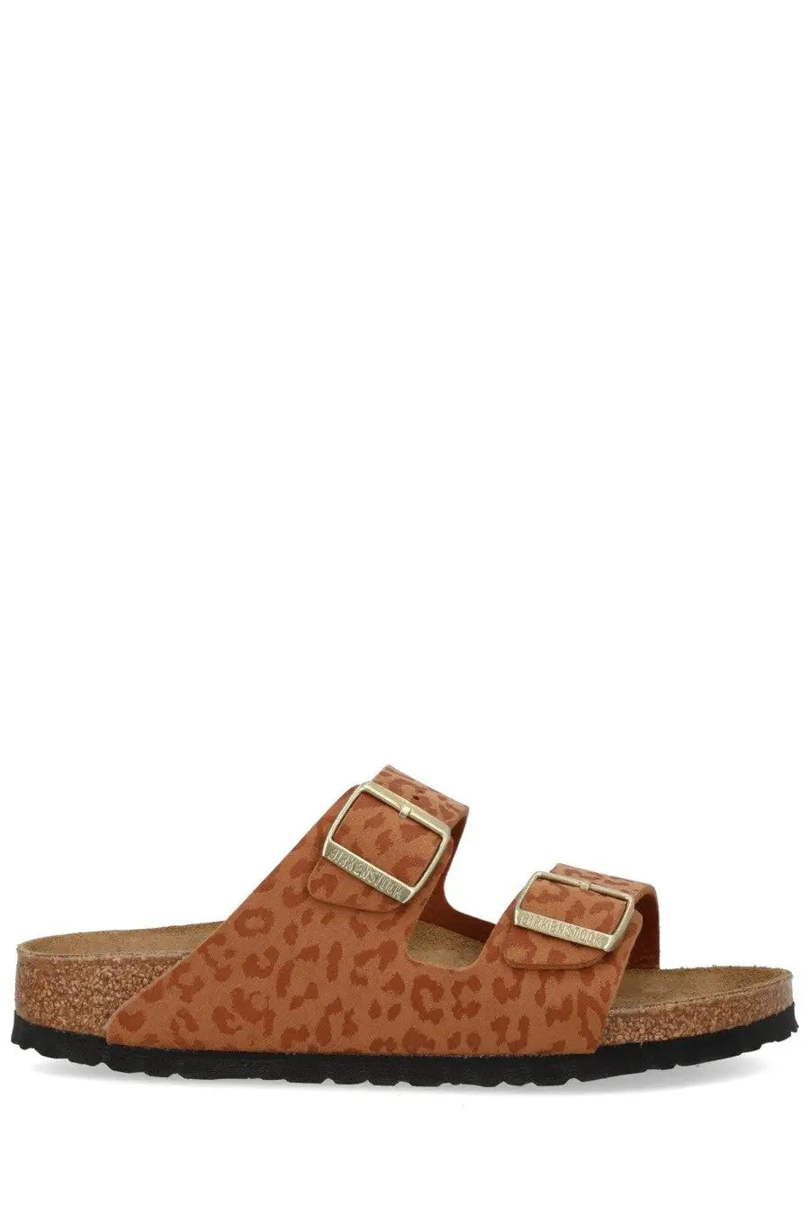 Birkenstock unisex sandal arizona brown with tan leopard print leather straps gold-tone buckles and cork footbed