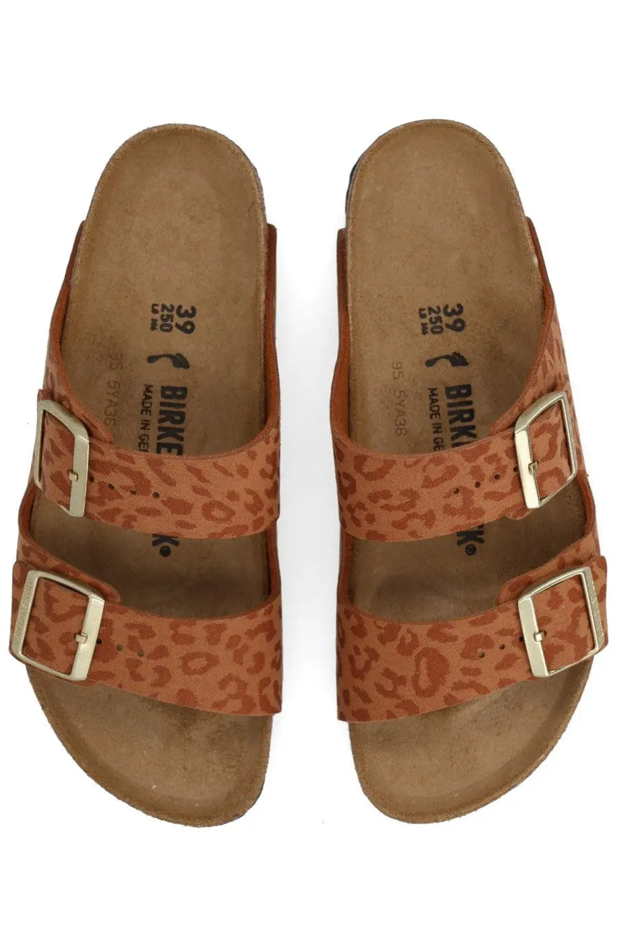 Tan birkenstock unisex sandal arizona with leopard print and gold tone double buckles on the upper straps