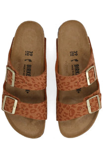 Tan birkenstock unisex sandal arizona with leopard print and gold tone double buckles on the upper straps