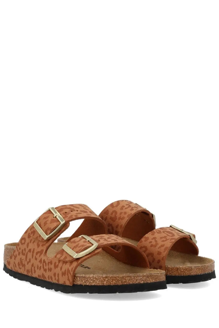 Birkenstock unisex sandal arizona brown leopard print with gold tone buckles and cork footbed