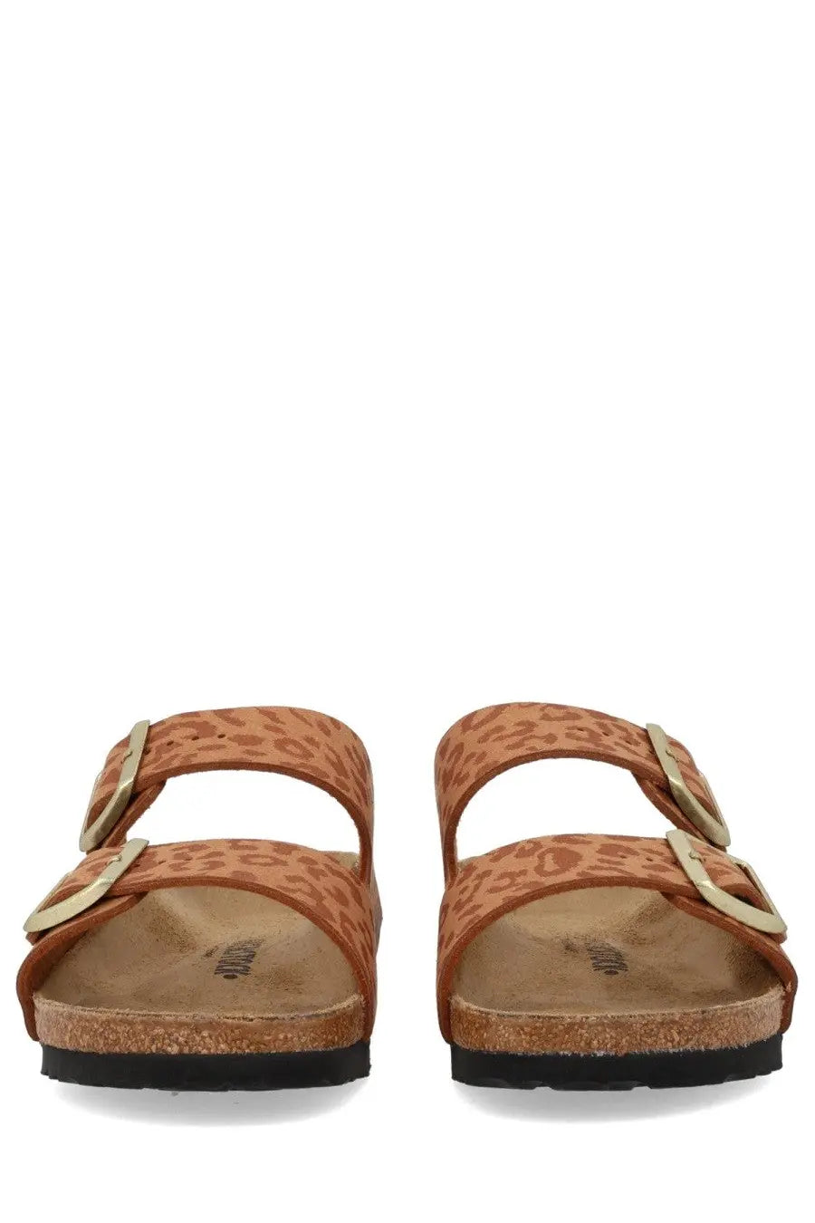 Birkenstock unisex sandal Arizona brown tan leopard-print suede with gold-tone buckles and cork footbed