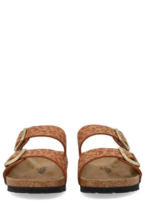 Birkenstock unisex sandal Arizona brown with tan leopard-print suede, gold-tone double buckles, and cork footbed