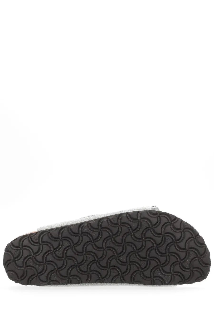 Black rubber sole with distinctive wavy interlocking pattern on birkenstock unisex sandal arizona grey back side