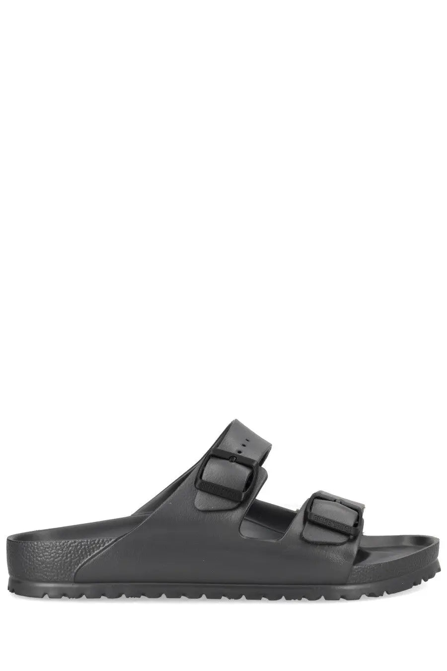 Birkenstock unisex sandal arizona grey black rubber with two adjustable straps and contoured footbed shown from the back
