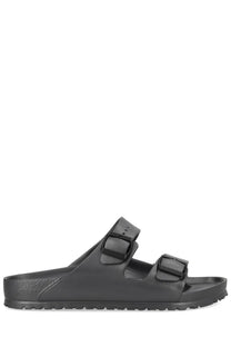 Birkenstock unisex sandal arizona grey black rubber with two adjustable straps and contoured footbed shown from the back