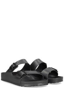 Birkenstock unisex sandal arizona grey with two adjustable black leather straps and contoured footbed shown from the back