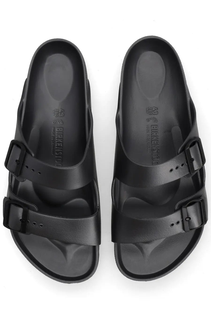 Birkenstock unisex sandal arizona grey featuring black two adjustable straps and a contoured footbed