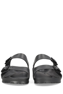 Birkenstock unisex sandal arizona grey with two adjustable black leather straps and contoured footbed for comfort