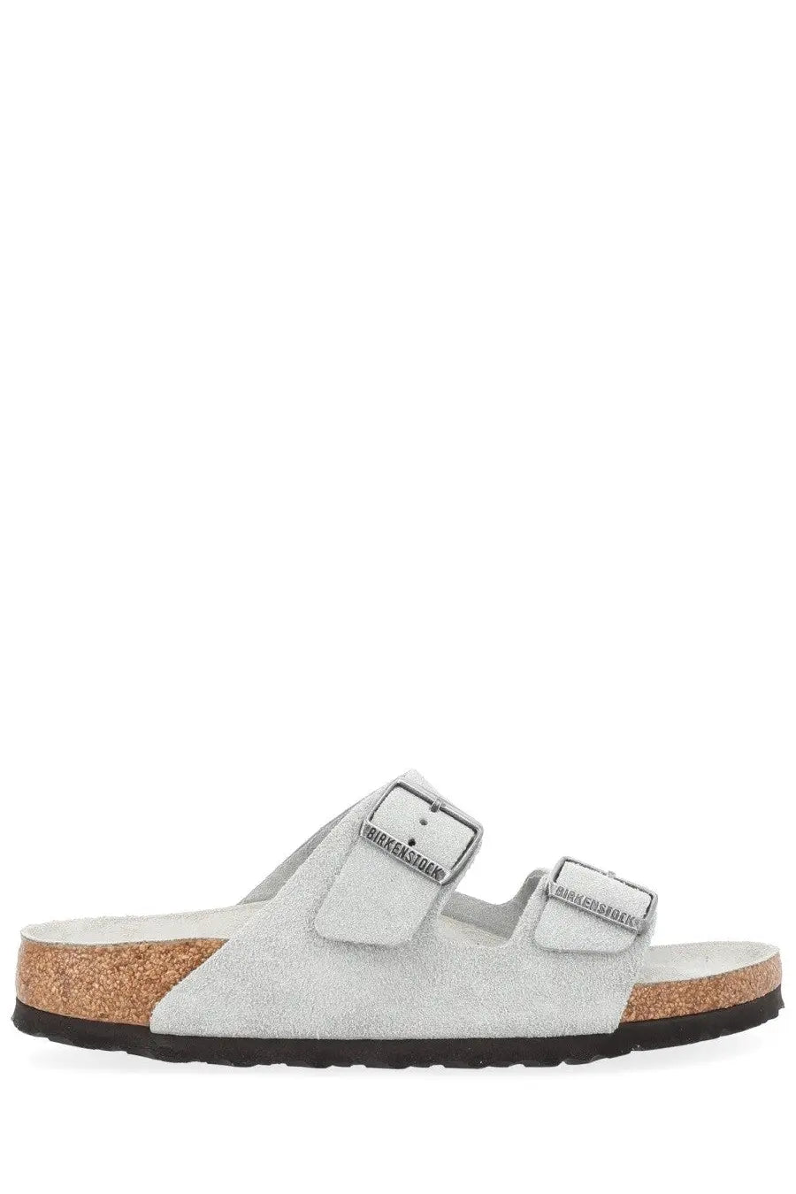 Birkenstock unisex sandal Arizona grey with light gray suede two adjustable straps and cork footbed
