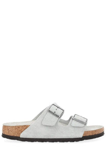 Birkenstock unisex sandal Arizona grey with light gray suede two adjustable straps and cork footbed