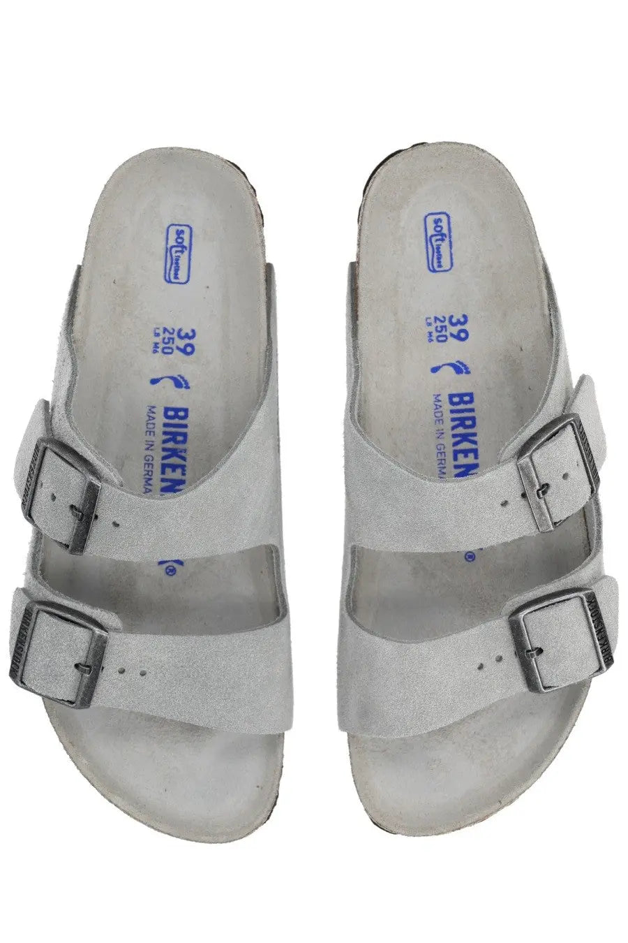 Birkenstock unisex sandal arizona grey in light gray suede with two adjustable straps and silver metal buckles