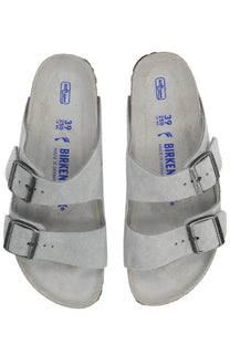 Birkenstock unisex sandal arizona grey with light gray suede, two adjustable straps, and silver-toned metal buckles