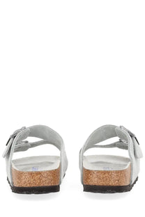Birkenstock unisex sandal Arizona grey light gray suede with cork footbed and black rubber sole