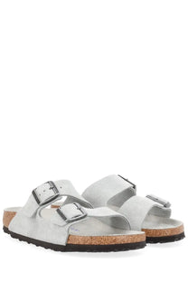 Birkenstock unisex sandal arizona grey with silver suede two adjustable straps and cork footbed front view