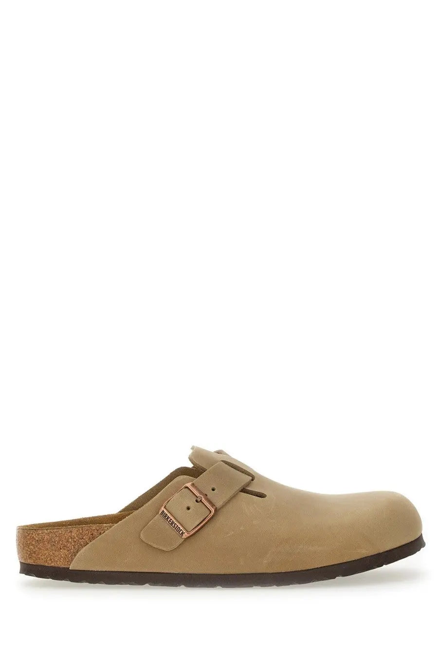Birkenstock unisex sandal boston brown beige leather clog with cork footbed and rose gold buckle