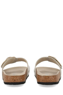 Beige leather birkenstock unisex sandal madrid with cork footbed and metallic big buckle in pink tone