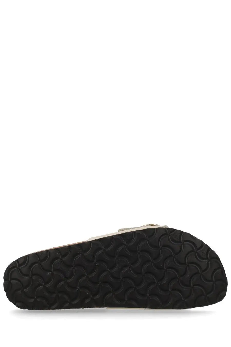 Black rubber sole with distinctive wavy tread pattern on the back of birkenstock unisex sandal madrid big buckle pink