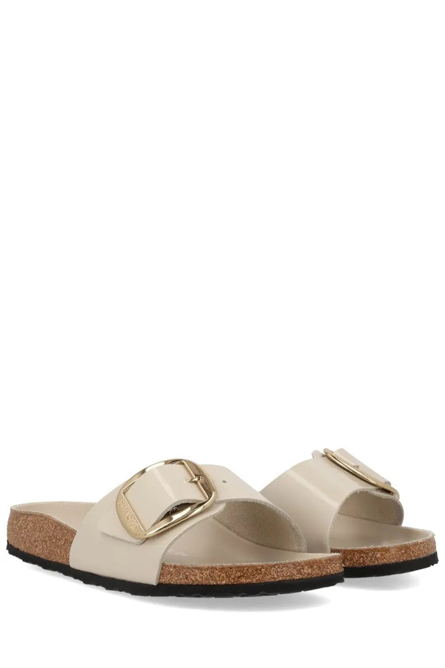 Cream-colored birkenstock unisex sandal madrid big buckle with gold-toned buckle and cork sole