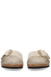 Cream-colored Birkenstock unisex sandal Madrid big buckle with gold-toned buckle and cork sole