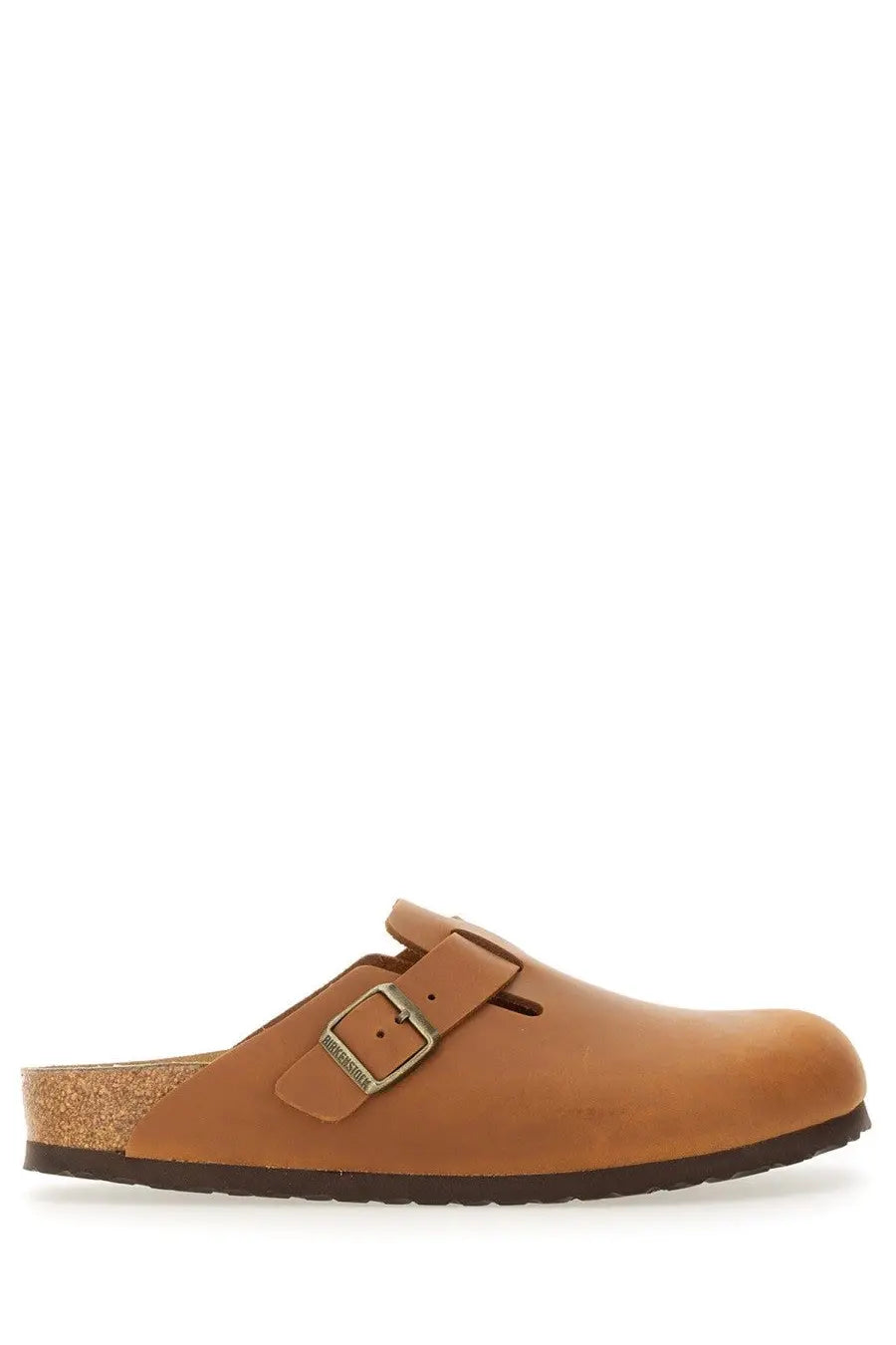 Birkenstock unisex sandalo boston brown tan leather clog with cork footbed and metallic buckle