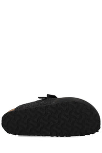 Black birkenstock unisex sandalwood boston nova grey clog with textured upper and rubber sole front view