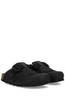 Birkenstock unisex sandalwood boston nova grey clogs with black textured upper and adjustable strap closure
