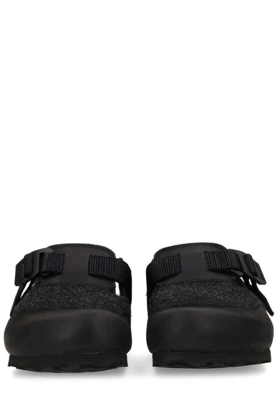 Birkenstock unisex sandalwood Boston nova grey clog sandals with black textured fabric uppers and adjustable straps