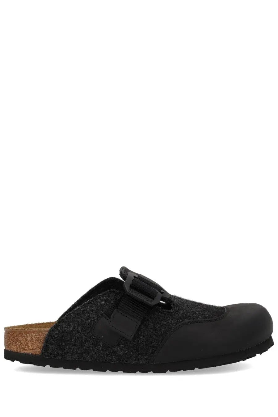 Black wool blend clog sandal with cork footbed and adjustable buckle from birkenstock unisex sandalwood boston nova grey
