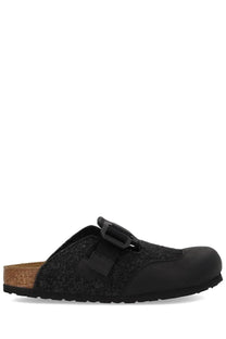 Black wool blend clog sandal with cork footbed and adjustable buckle from birkenstock unisex sandalwood boston nova grey