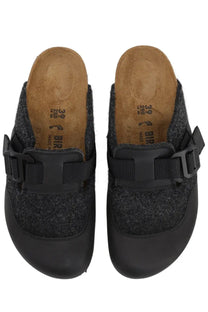 Birkenstock unisex sandalwood boston nova grey black wool-blend mule slip-on shoes with matte finish and adjustable strap closure