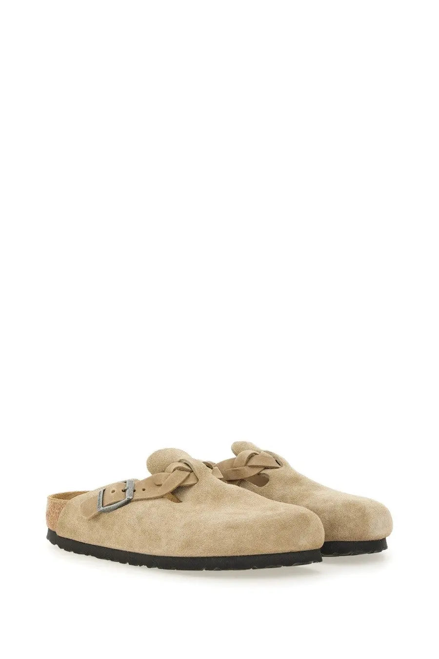 Birkenstock unisex slipper sandal Boston braided beige in beige suede with single buckle and cork footbed
