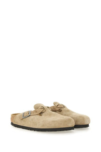 Birkenstock unisex slipper sandal Boston braided beige in beige suede with single buckle and cork footbed