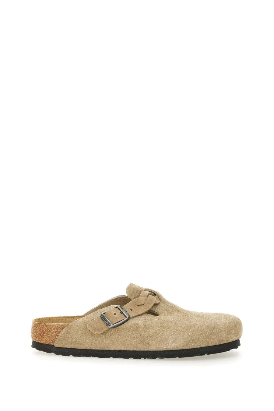 Beige suede birkiberg clog with cork footbed and black rubber sole from birkenstock unisex slipper sandal boston braided