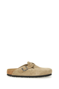 Birkenstock unisex slipper sandal Boston braided beige with beige suede clog upper cork footbed and black rubber sole
