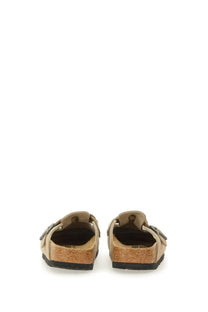 Beige suede birkenstock unisex slipper sandal boston braided with cork footbed and black rubber sole