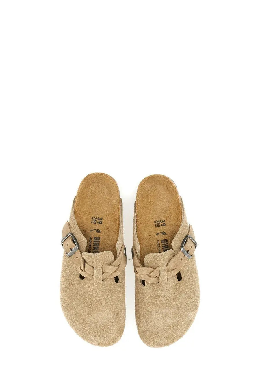 Beige suede birkenstock unisex slipper sandal boston clogs with braided straps and silver buckle details