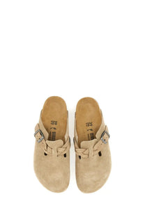 Beige suede birkenstock unisex slipper sandal boston clogs with braided straps and silver buckle details