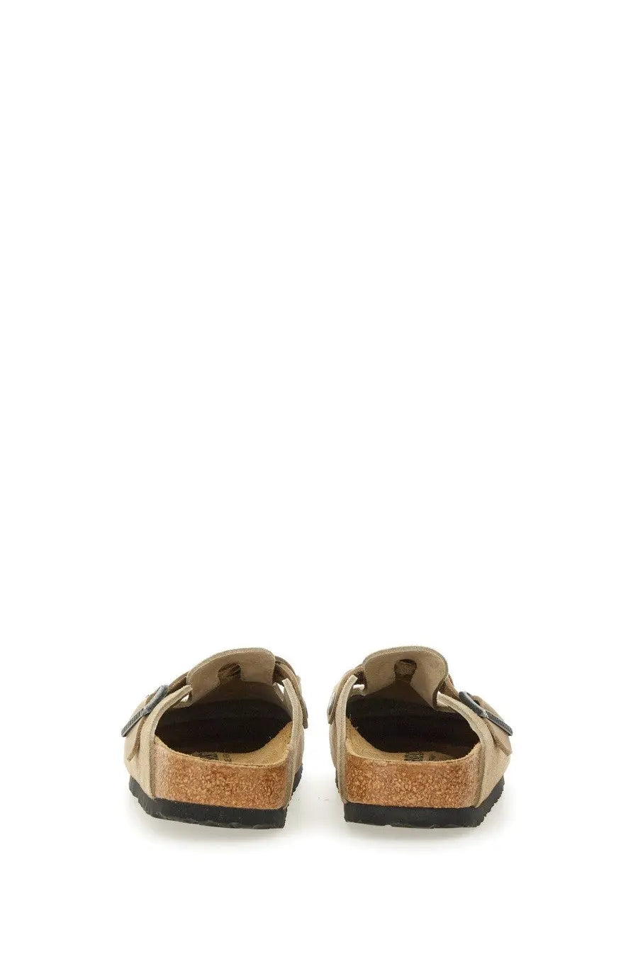 Beige suede birkenstock unisex slipper sandal boston braided clog with cork footbed and black rubber sole