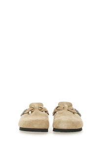 Beige suede birkenstock unisex mules with braided leather straps and silver-toned buckle details