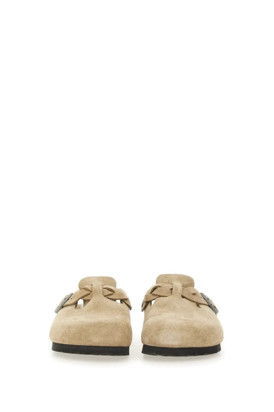Beige suede Birkenstock unisex slipper sandal Boston with braided leather straps and silver buckle details